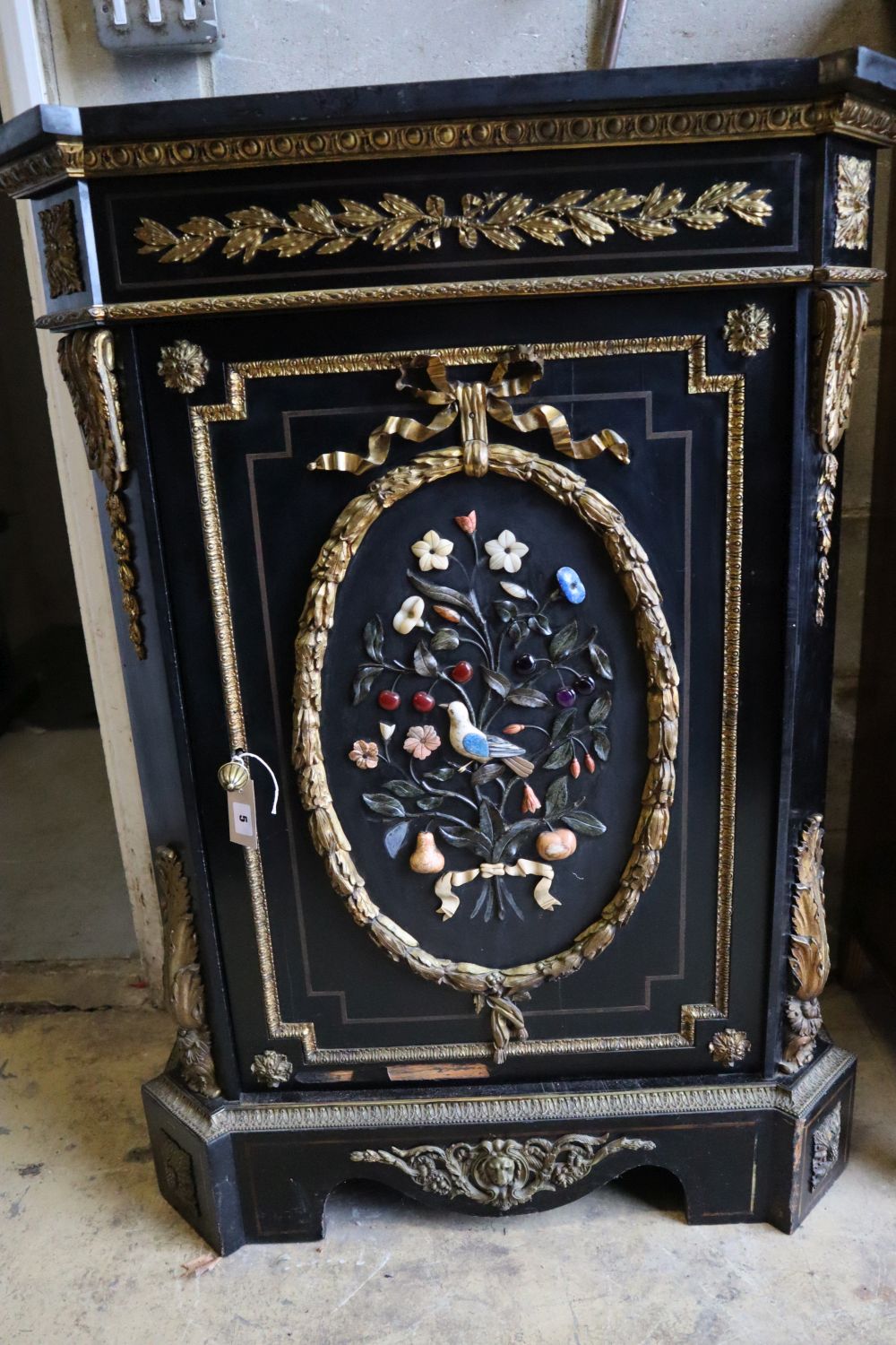 A Victorian ebonised gilt metal and hardstone mounted pier cabinet with black slate top, width 83cm, depth 44cm, height 110cm